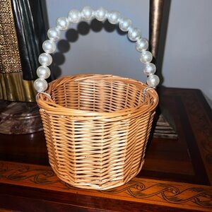 Elegant Tan Wicker Basket with Pearl Handle